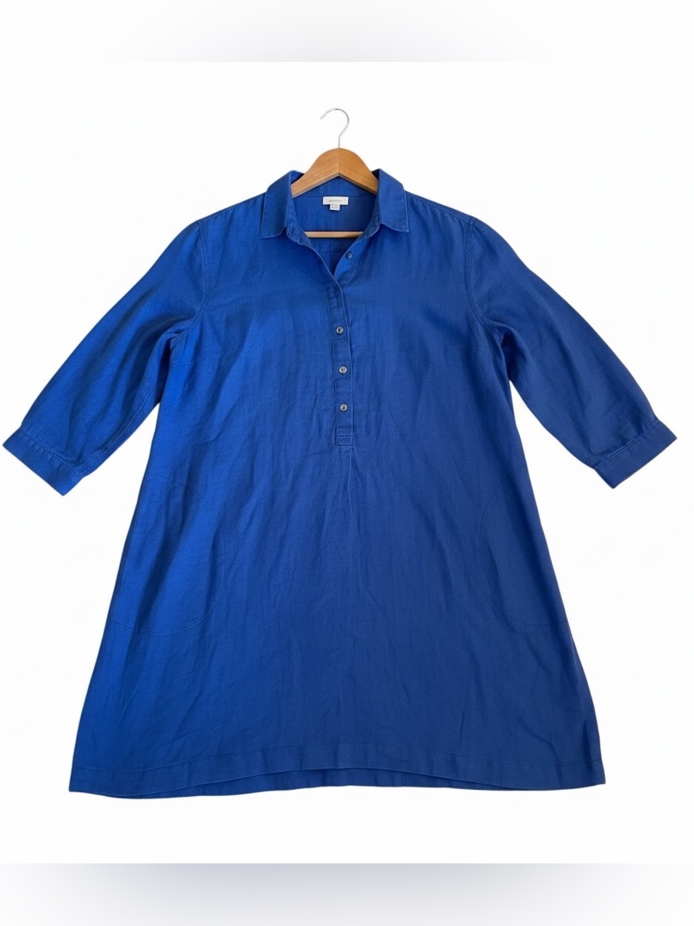 J.Jill Love Linen Blue Shirt Dress Medium 3/4 Sleeve Pockets Button Down